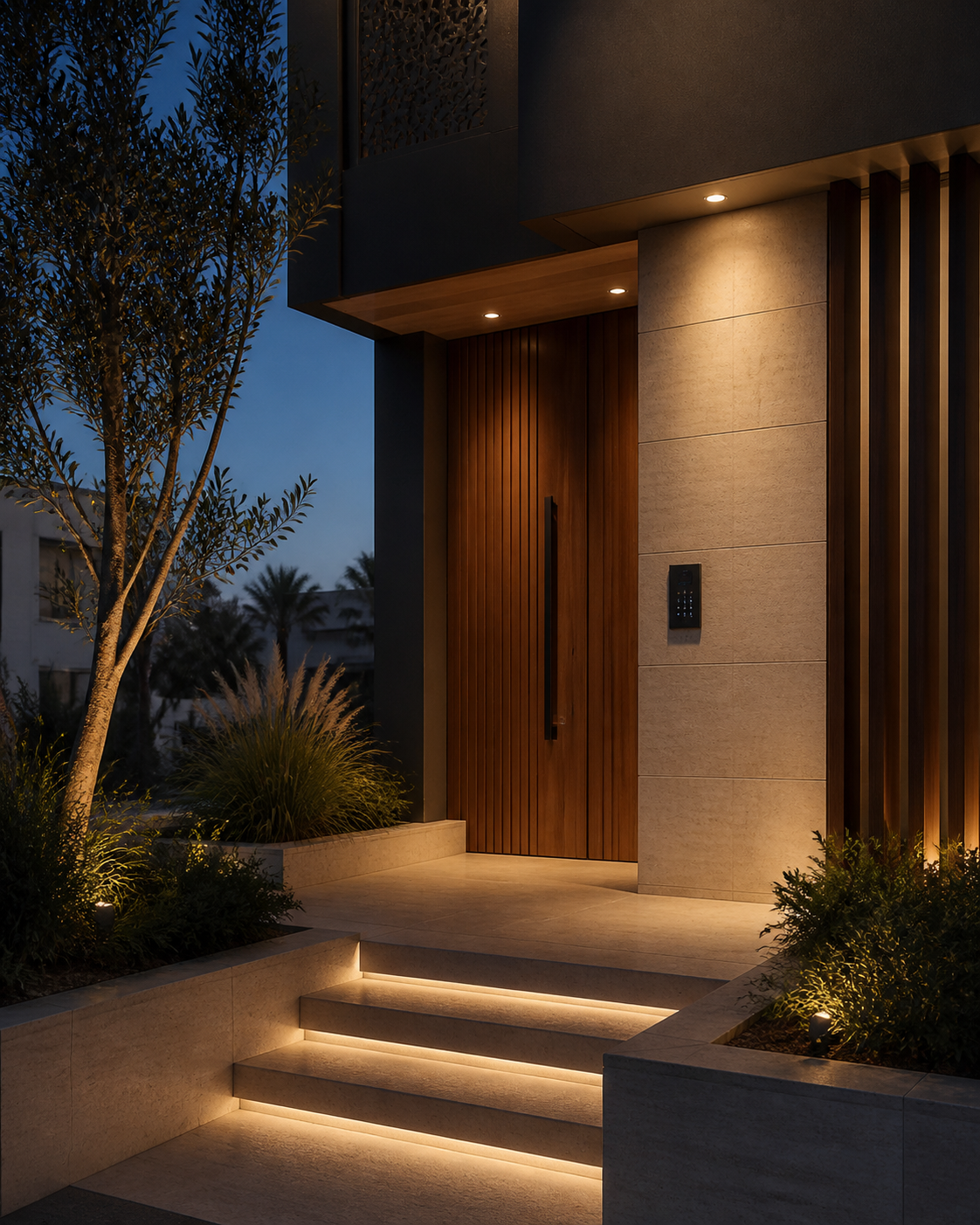 An elegant, softly lit entrance with integrated access and security