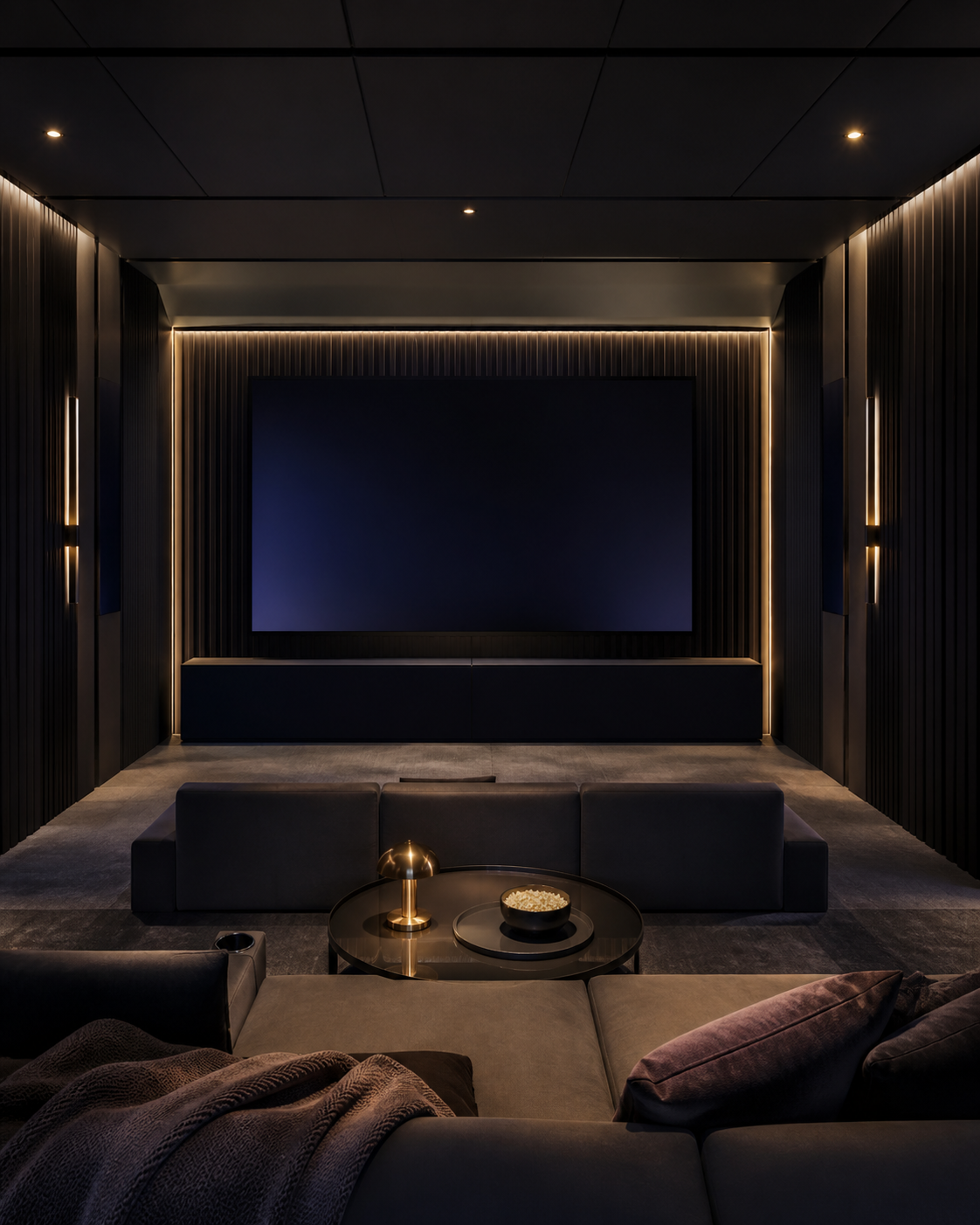 A private cinema with discreet audio and immersive architectural lighting