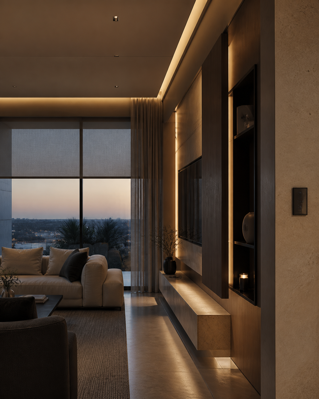 A refined living space with integrated lighting, climate, shading, and control